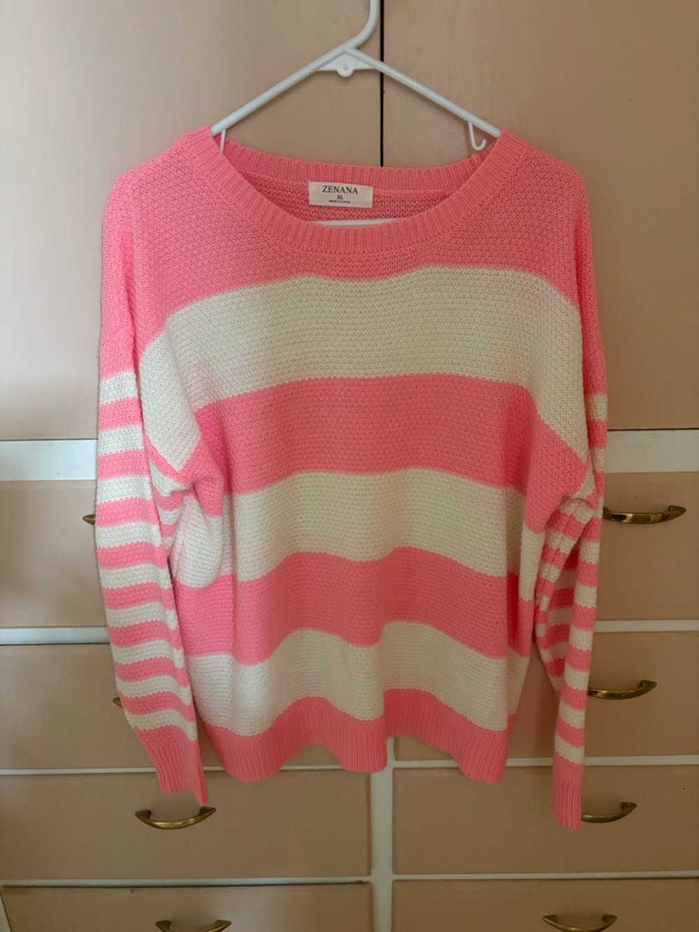 Zenana Outfitters Pink & Cream Striped Scoop Crew Sweater